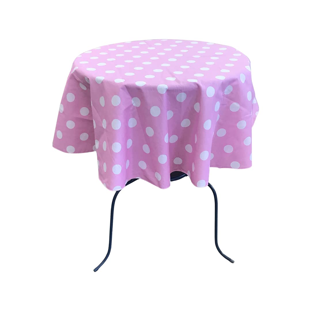 New Creations Fabric & Foam Inc, Polka Dot Poly Cotton Tablecloth (White Dot on Pink, 58" Round)