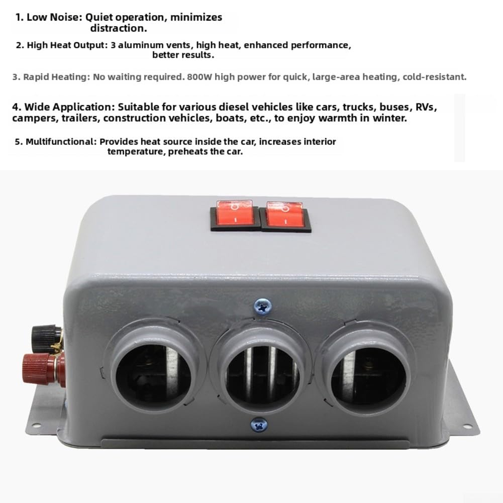 Riscaldatore per auto da 12 V, 800 W, riscaldamento rapido e sbrinamento, a basso rumore, a tre fori, in metallo, per parabrezza invernale