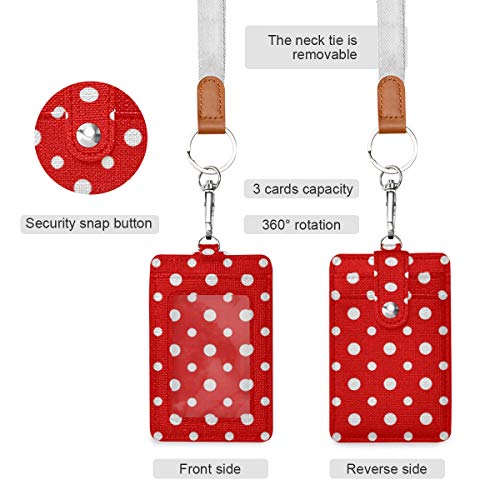 Vikko Red And White Polka Dot Badge Holder, Pu Leather Id Card Case Wallet With Neck Lanyard And Key Ring #TOP1