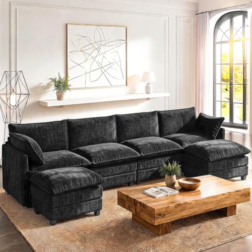 Image of LEVELEVE 146 inch U-Shape Modular Sofa with 2 Ottomans, Deep Seat Cloud Convertible Sleeper, 2 Arm Pillows, Comfortable Large Upholstered Furniture for Living Room Apartment, Black