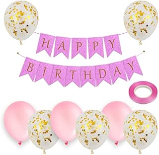 Happy Birthday Banner Pink 22PCs - 8Pcs x 12 Gold Star Confetti Latex Balloons, 13 PCs x 17x12cm Happy Birthday Buntings & 1 Ribbon - Happy Birthday Decorations for Girls, Boys, Women & Men