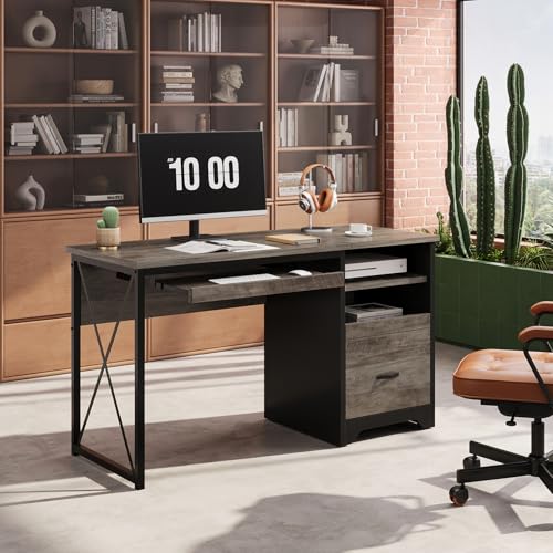 Image of Bestier 47 inch Office Desk with Drawers, Industrial Computer Desk with Drawer, Reversible Teacher Desk with Storage & Keyboard Tray for Small Space Home Office & Studio, Gray Wash | 47 Inch Desktop With File Drawer, Open Storage, Keyboard Tray And Reversible Layout For Small-Space Home Office Use.