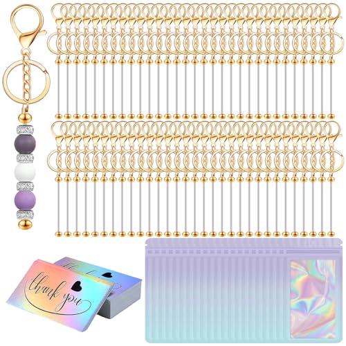 Image of 42 /84 /126 Pcs Beadable Keychain Bars Bulk Blank DIY Beaded Keychain Making Supplies with Bag Thank You Card