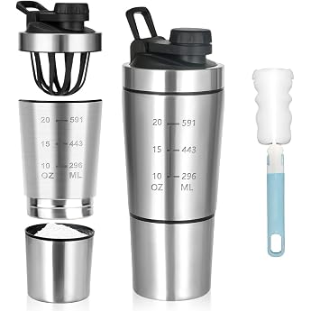 Stainless Steel Protein Shaker 600 + 200 ml Shaker for Protein Shake with Powder Compartment and Ball Body Sports Fitness Protein Shaker Protein Shaker Stainless Steel for Protein Diet and Fitness Shakes