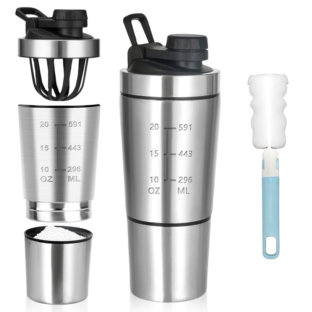 Shaker per Proteine in Acciaio Inox, 600+200ML Shaker per Proteine Fitness con Scomparto per Polveri, Senza BPA, per Palestra, Allenamento, Fitness, Sport