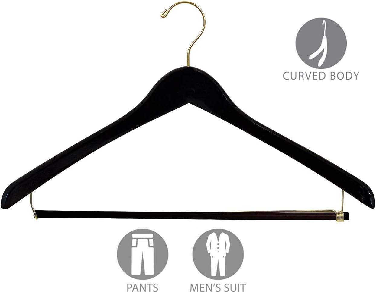 Premium Wooden Suit Hangers 12 Pack, Smooth Solid Wood Coat Hanger with Locking Bar Matte Black Finish