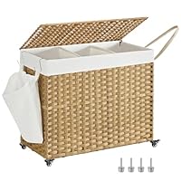 SONGMICS Wäschekorb mit Deckel, 160 L, Wäschesammler 3 Fächer, Wäschesortierer mit Rollen, in Rattan-Optik, Wäschesack herausnehmbar, für Waschküche, 76 x 33 x 66 cm, naturfarben LCB365N01