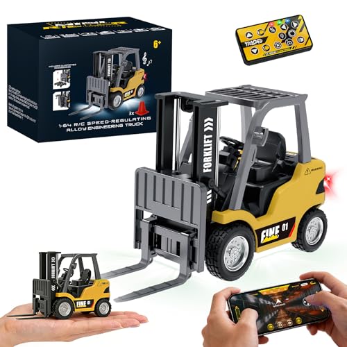 YESHIN Mini RC Forklift 1:64 Scale Alloy Metal Forklift Toy with App Programming Speed Regulation Liftable Forks Sound & LED Light Type-C Rechargeable STEM Gift for Adult Kid