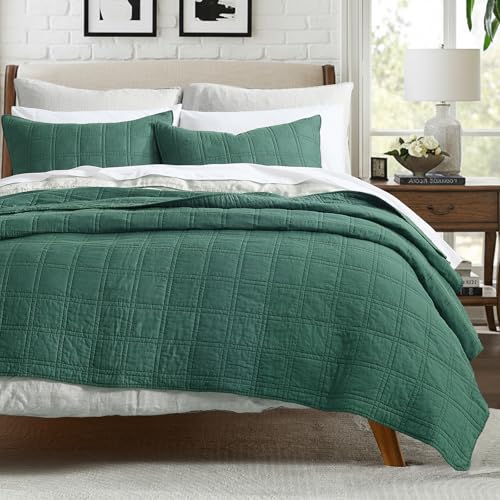 HORIMOTE HOME 100% Cotton Quilt Set Queen Size, Dark Green Pre-Washed Bedspreads Coverlet Set in Geometric Pattern, Cozy Lightweight Stitching Decorative Bedding Cover with 2 Shams for All Season