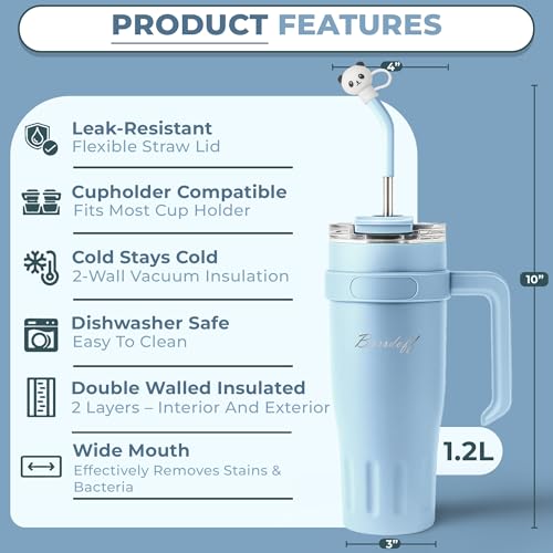 Image of Insulated Tumbler with Straw Lid and Handle (1200 ML) Double Wall Sipper Water Bottle for Adults, Tumbler Bottle with Straw (Arctic Blue, 1200 ML, with Panda Straw Coverr)
