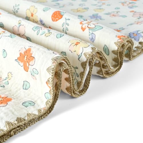 Image of Baby Blanket 40x40 Inches,Muslin Cotton and Minky Dotted Double Layer Soft Receiving Blanket for Newborn Toddler,Strawberry Flower