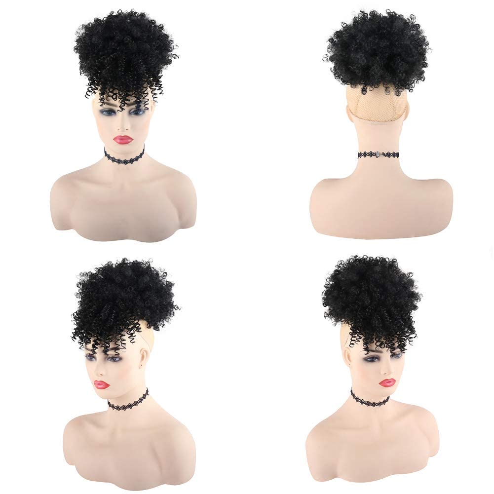 Black Afro Puff Drawstring Ponytail with Bangs Pineapple Updo Hair for Black Women Short Kinky Curly Puff Ponytail with Bangs Curly Clip in Wrap Updo Hairpiece