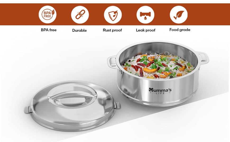 Mumma's LIFE Hot Box | Stainless Steel Casseroles | Hot Boxes for Kitchen | Insulated Stainless Steel Casserole | Hot Food, Easy to Store| Hygiene | Odourless (Silver) (3600ML) 2