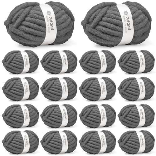 Image of Inhand Chunky Chenille Yarn for Hand Knitting,Thick Bulky Blanket Yarn for Crocheting,Soft Fluffy Yarn for Crochet Birthday Gifts for Men /Women /Beginners,18 Pack (29.5Yds /8.4oz Each),Deep Gray