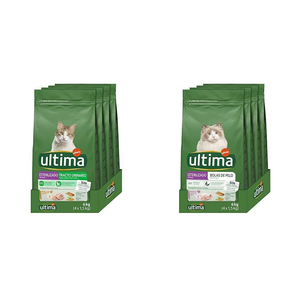 Ultima Pienso para Gatos esterilizados con Problemas del tracto urinario: Pack de 4 x 1.5 kg - Total: 6 kg & Pienso para Gatos Esterilizados para Prevenir Bolas De Pelo con Pavo - 4 x 1.5 kg