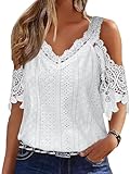 Flamingals Women's Cold Shoulder Eyelet Short Sleeve Hollow Out Lace Floral Sleeveless Blouse Top White XL