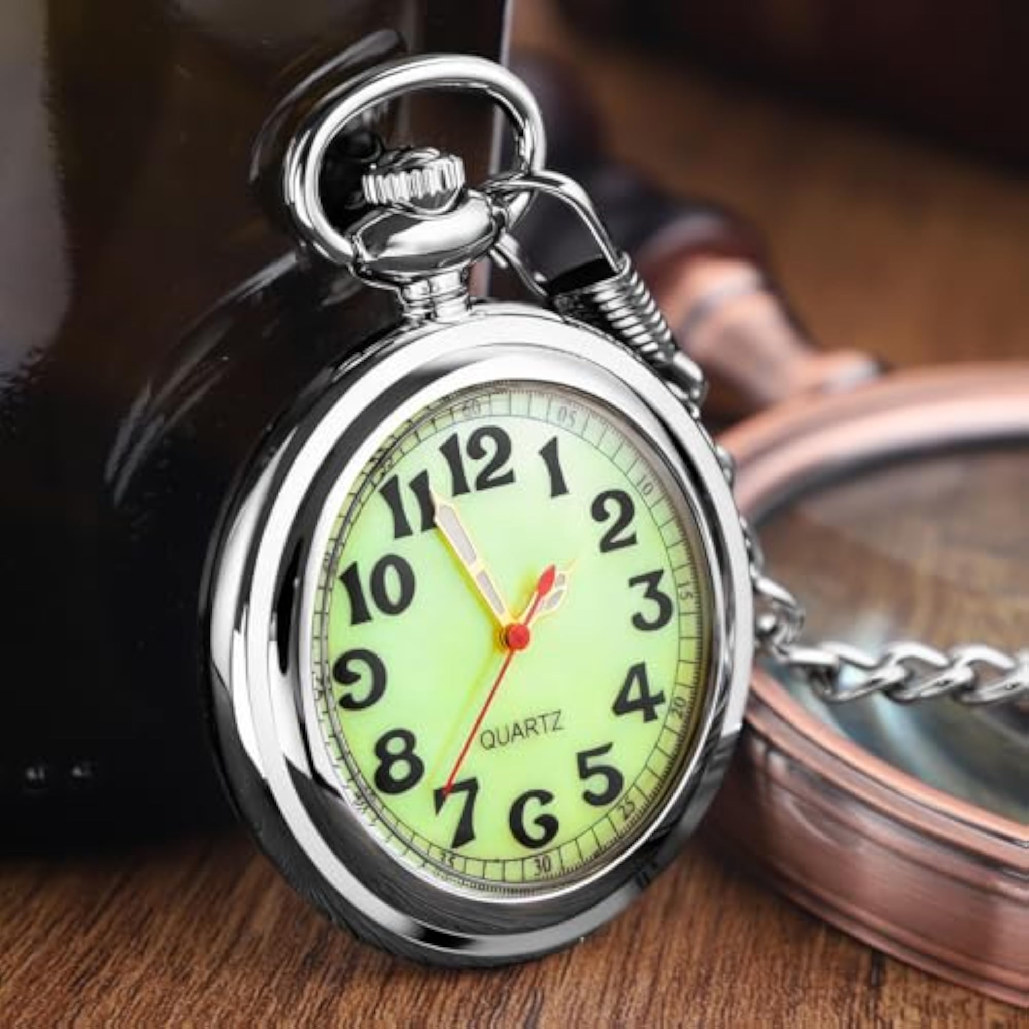Silver Yellow Classic Arabic Numeral Men's Quartz Pocket Watch