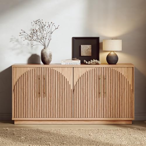 Image of 65 inch Buffet Cabinet with Storage, Fluted Sideboard Cabinet with 4 Arched Doors & Adjustable Shelves, Credenza Accent Cabinet Console for Dining Room, Living Room, Entryway