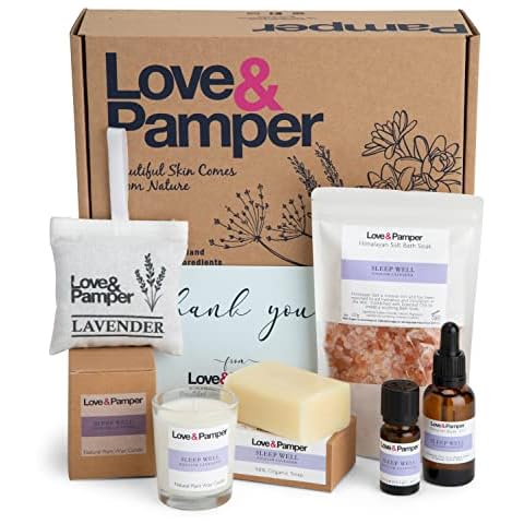 Love & Pamper Sleep Well Original Gift Set - Pamper Gifts for Women, Relaxation Spa Set, Lavender Essential Oil, Massage Oil, Himalayan Bath Salt, Candle and Soap, Memorable Gift of Aromatherapy Cover