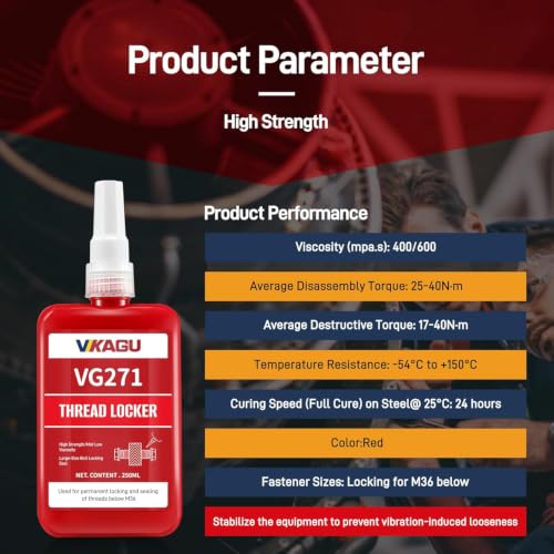 Image of VIKAGU 271 Red High Strength Threadlocker - Medium Viscosity Glue,Easy Infiltrated Thread Lock - Permanent Adhesive for Metal Bolts & Nuts - Quick Cure Formula - 1.69Oz /50ml, 2 Pack