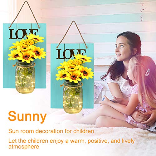 Teal Wall Decor, Fineusea Set Of 2 Sunflowers Mason Jar Lights Wall Wood, Love Theme Art Sconces Artificial Flowers Led Fairy Lights For Country House Office Kids' Room Décor #TOP1