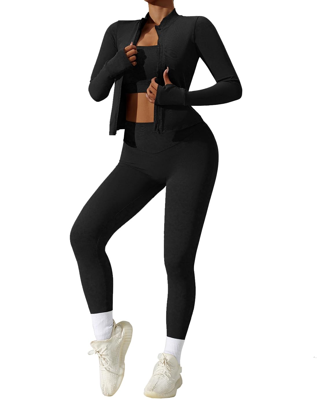 Womens Plus size Yoga Sets 3 Piece Leggings Sports Bra And Sport Jacket Gym Outfits Activewear
