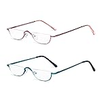 KoKoBin Half Reading Glasses,2 Pack Half Rim Metal Frame Glasses Spring Hinge Readers with Leather Pouch for Men and Women (Blue+Pink,1.50)