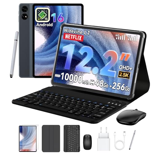 TABWEE T60 Android 16 Tablette avec Clavier - Tablette 12 pouces, 48 Go+256 Go, 10000 mAh, 16 MP+8 MP, 1600*2400 QHD+, WideVine L1, Gemini AI, GPS Intégré, Tablette...