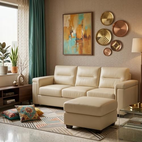 Image of FURNY Parker 3 Seater Sofa Set with Ottoman | Premium Suede Velvet Fabric Finish | Durable Comfort Sofa for Modern Living Room & Office Spaces (Cream Leatherette)