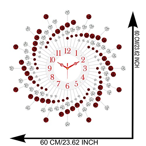 Image of CHRONIKLE Beautiful Crystal Analog Floral Design Round Diamond Studded Metal Wall Clock for Living Room Home Decorations Office Gifts (Size: 60 x 5 x 60 CM | Color: Red & White | Weight: 1460 Gram)
