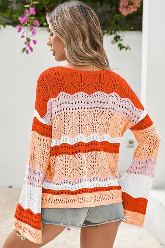Image of Cakulo Womens Summer Crochet Tops Boho Off Shoulder Sweaters Lightweight V Neck Loose Vacation Resort Wear 2026 Striped M