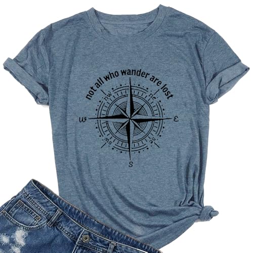 Graphic T-Shirts for Women Hiking Camping Trip Compass Printed Vintage Summer Casual Tees Holiday Workout Tops (Ink Blue, XL)