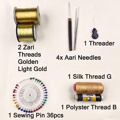 Qroof Aari Work Materials Kit Golden Moti Sewing Pin, Sepia, Zari, Zardosi, Mirrors Combo Pack Set of Maggam