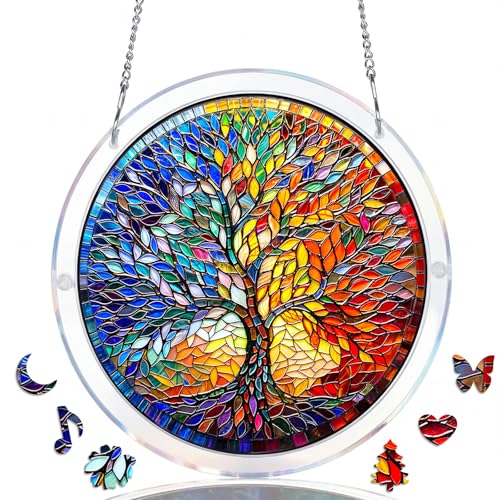 WOODBESTS Acrylic Jigsaw Puzzle Suncatcher 83 Pieces- Tree DIY Acrylic Puzzle Sun Catcher Window&Garden Decor Unique Gifts for Mom Women Wife Sisters Aunt Besties 7.4in