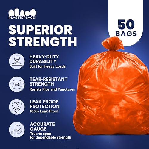 Image of Plasticplace 55-60 gallon Trash Bags │ 1.2 Mil │ Orange Heavy Duty Garbage Can Liners │ 38 inch x 58 inch (50 Count)