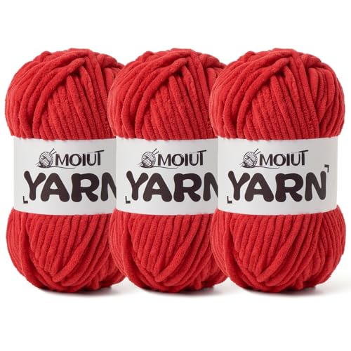 Image of 3 Pack Fluffy Chenille Yarn for Crocheting, Chunky Velvet Yarns for Crochet Amigurumi, Baby Yarn for Crocheting Soft Blanket, 262.4yds /10.5 oz Bulky Yarns for Crafts /Hats /Shoes /Socks (3 Red)