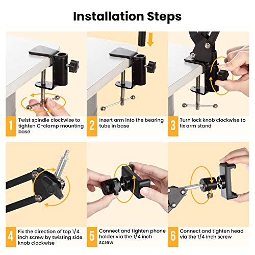 TARION Handy Gelenkarmhalterung mit Smartphone Klemme und 1/4 Zoll Schraube Langarm Handyhalter Gelenkarm Haterung (schwarz)