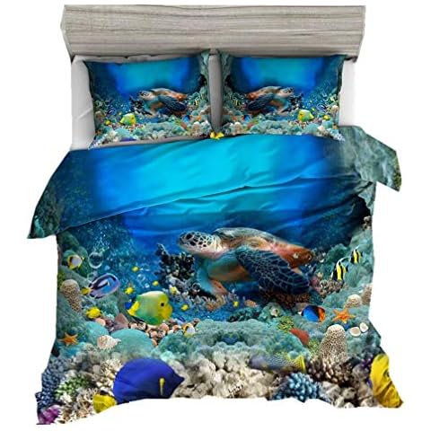 Sticker Superb 3D Sea Turtle Bedding Sets 2/3 Piece,Exotic View Underwater Coral Reef Duvet Cover Sets with Pillowcases for Kids Teens Boys Girls Bedroom Decorative (Blue 4, 135 * 200cm) Cover