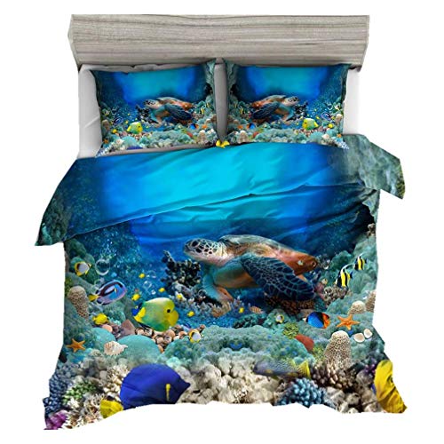 Sticker Superb 3D Mer Tortue Parures de Lit avec Taie d'oreiller 1 Persona,Monde sous-Marin Bleu Fond de Récif de Corail Housse de Couette Enfant Jeunesse...