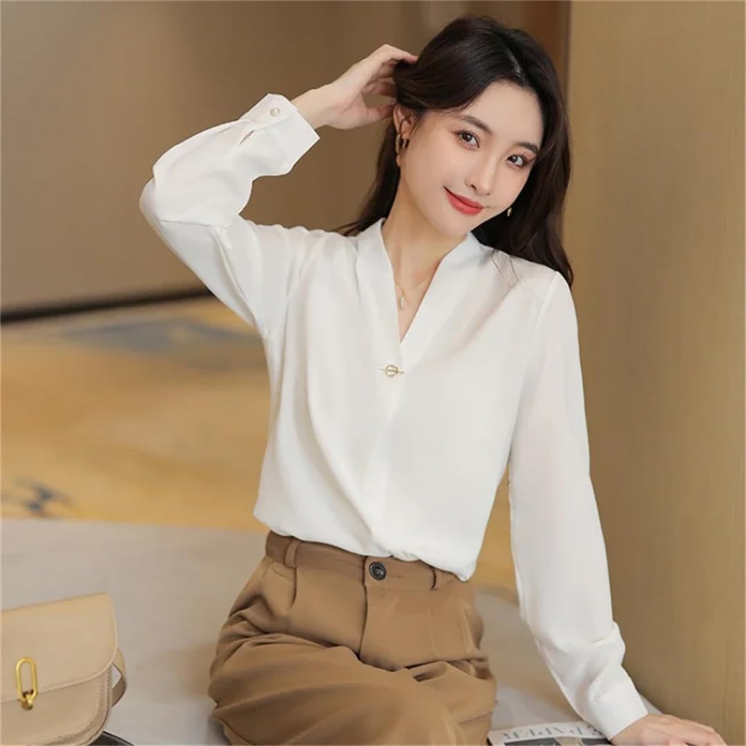 Camicia da donna in chiffon, con scollo a V, a maniche lunghe, stile vintage