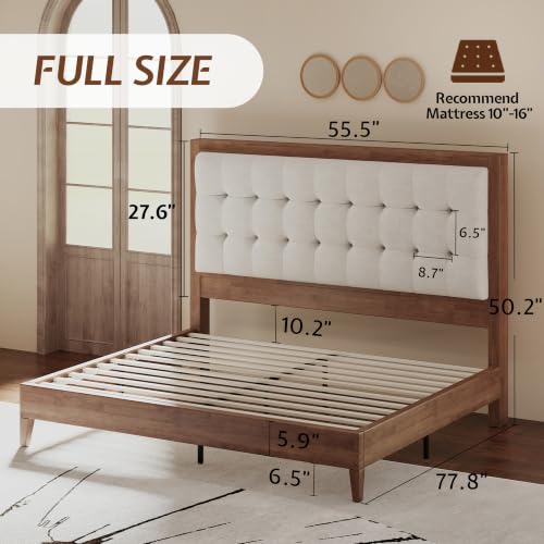 Image of Jocisland Full Bed Frame Solid Wood,50 inch Tall Upholstered Headboard,Walnut | Mid-Century Modern Design,Linen Tufted Headboard,Wood Slats,No Box Spring Needed,Stable Platform Support,Noise-Free Sleeping