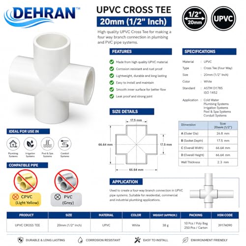 Image of DEHRAN UPVC Cross Tee 1 /2 inch Inch (20mm) Water Pipe Connector for Home Plumbing