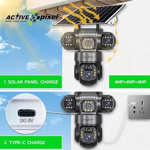 Image of Active Pixel 4G Solar Powered 4MP CCTV Camera with 2+1 Lens | PTZ 360 Wireless Outdoor Security Camera | Motion Detection, SIM Card Slot, 2-Way Audio, IP66 Waterproof - G12