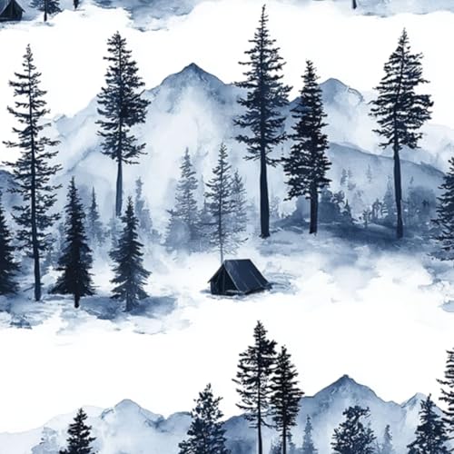 壁紙 60cm x 300cm 剥がせる 青い水彩画スタイルの松の木とテントが描かれた山の風景 多機能 防水/汚れ防止/防油 食器棚 クロ 玄関 ふすま紙 家具 部屋 DIY 賃貸OK