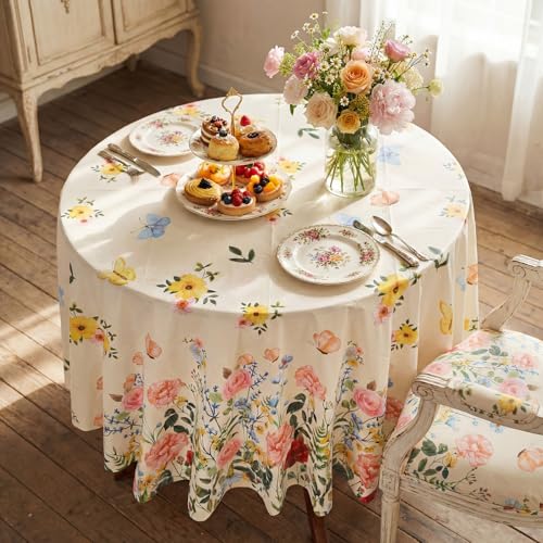 Image of Ganeen 6 Pcs Retro Wildflower Plastic Tablecloth 84 Inch Spring Round Tablecloths Floral Theme Birthday Decor Disposable Plastic Round Waterproof Table Cover for Holiday Wedding Decoration Party Favor