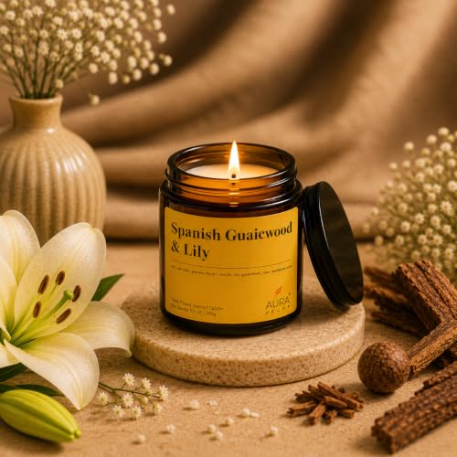 AuraDecor Scented Jar Candle | Handpoured Soy Wax Candle with Long Lasting Burn Time | Premium Amber Jar Aromatherapy Candle | Ideal Gift for Home & Décor (Large, Spanish Guwaicwood & Lily)