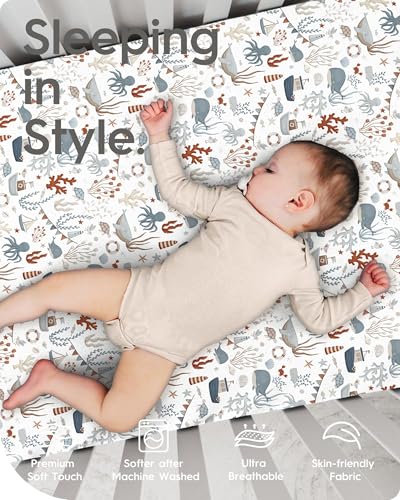 Image of Pack and Play Sheets Fitted, Ultra Soft Mini Crib Sheets Boy, Neutral Pack N Play Mattress Sheets Hypoallergenic and Soothing, Premium Jersey Playrad Sheets, Dino Sea Animals, 2 Pack