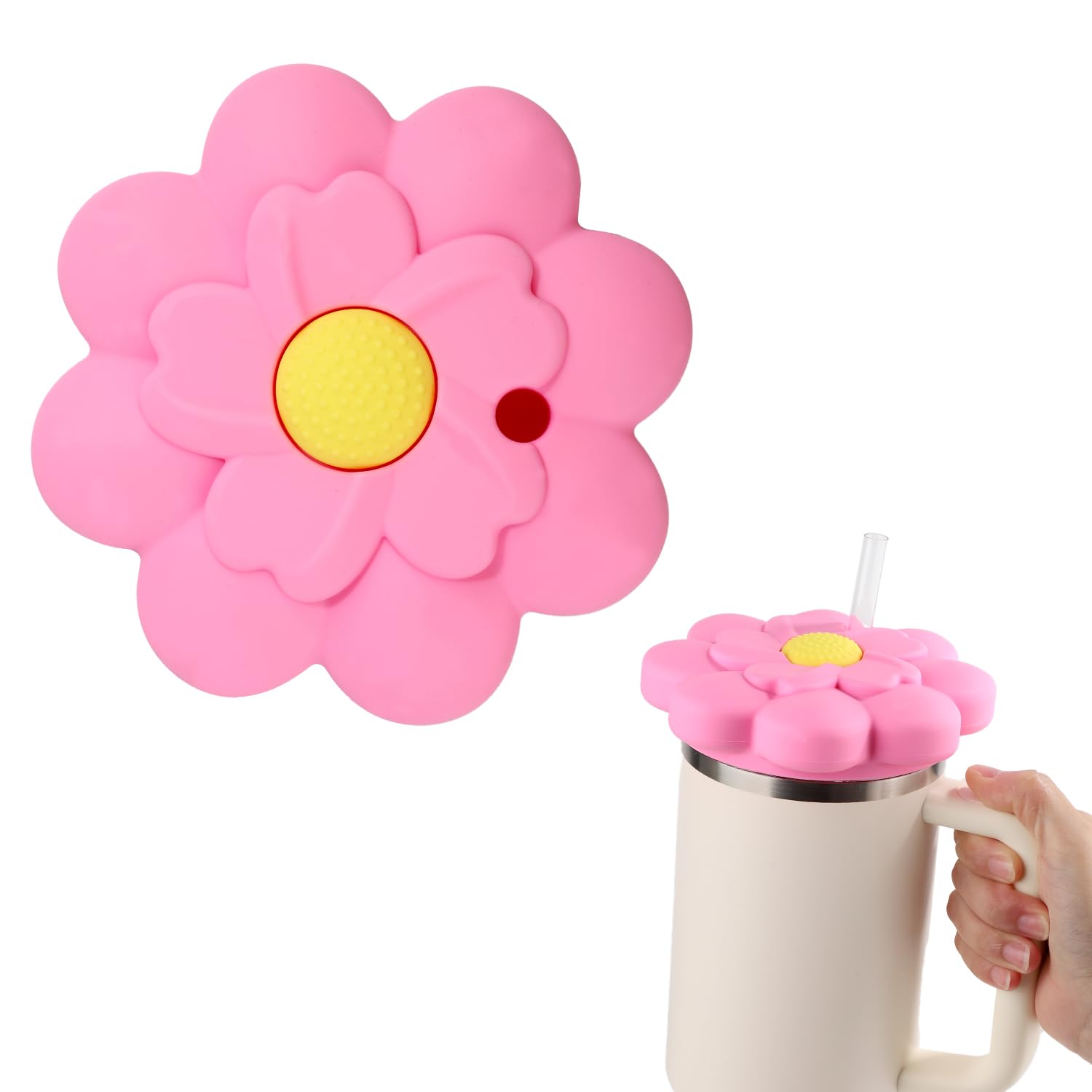 PEUTIER Lid Dust Cover for Stanley Cup 40 Oz Quencher H1.0/2.0, Flower Shape Silicone Lid Covers Toppers Lid Case Dustproof Cup Accessories for Stanley 40 Oz Tumbler(Pink)