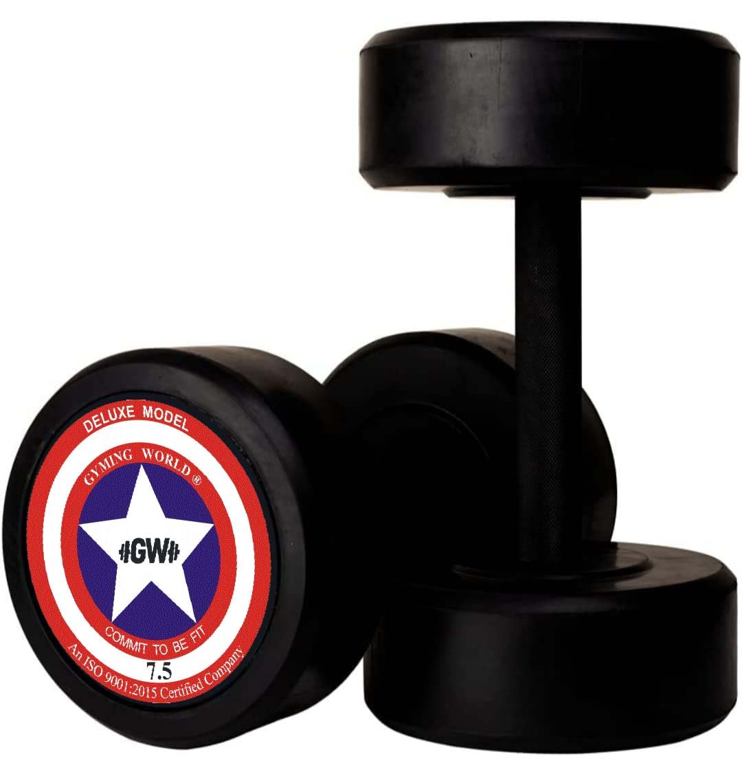 Gyming World® Pair of 7.5 Kgs, Rubber Coated Round Dumbbell, Ideal for Home & Gym Exercise, Workout for Men & Women, Black