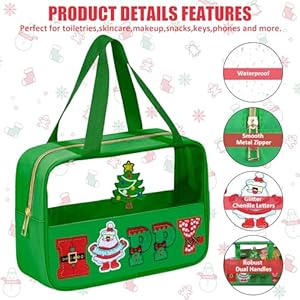 Christmas Gifts Cosmetic Makeup Bag with Chenille Letter Patch, Nylon & PVC Waterproof Travel Pouch with Zipper & Handle, Large Capacity Happy Santa Toiletry Storage Bag for Girls Women Christmas Gifts Cosmetic Makeup Bag with Chenille Letter Patch Nylon PVC Waterproof Travel Pouch with Zipper Handle Large Capacity Happy Santa Toiletry Storage Bag for Girls Women